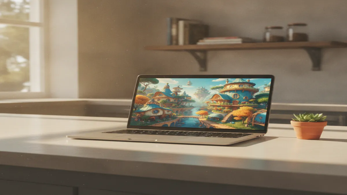 A laptop on a kitchen counter with a metaverse home screen open, no wallet windows, warm afternoon light.