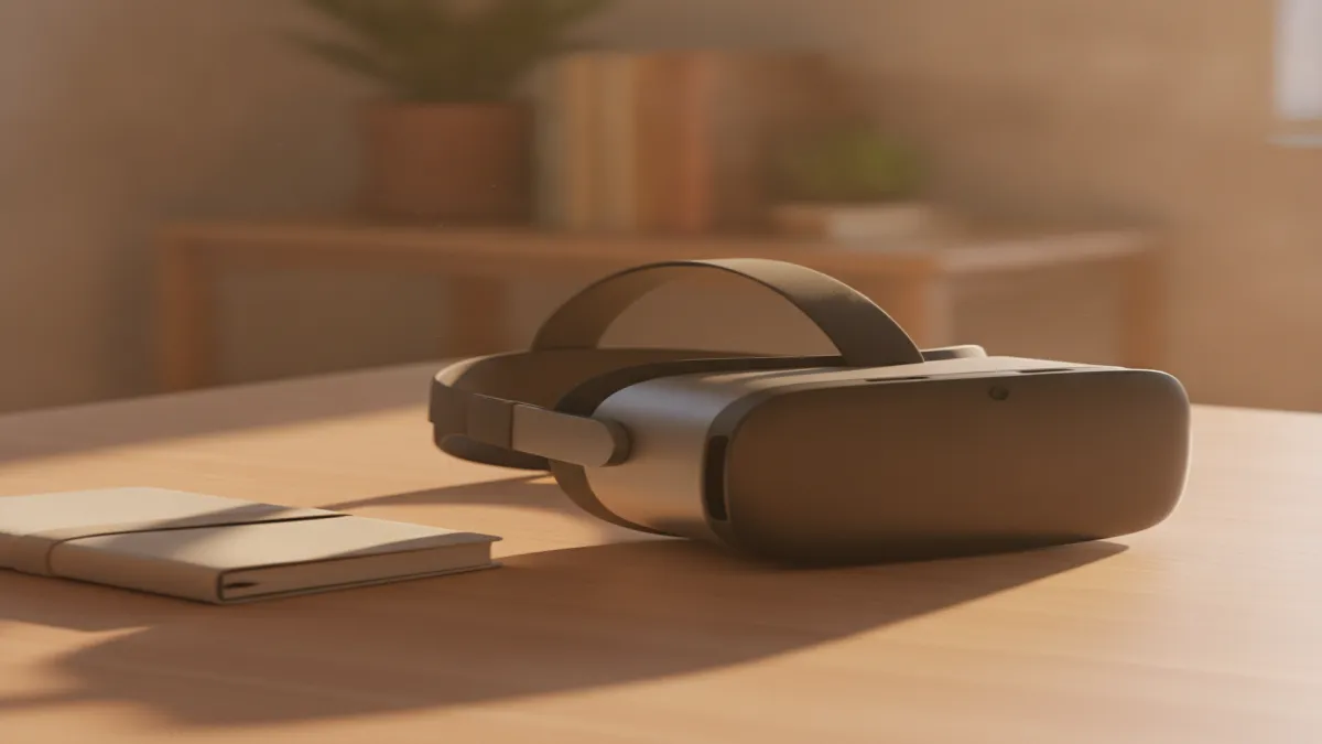 A Meta Quest 3 headset on a wooden desk next to a closed notebook, warm evening light.