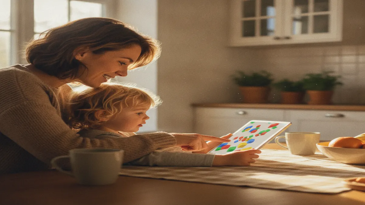 A parent sitting beside a child at a kitchen table, both looking at a tablet showing a Roblox screen, warm afternoon light.